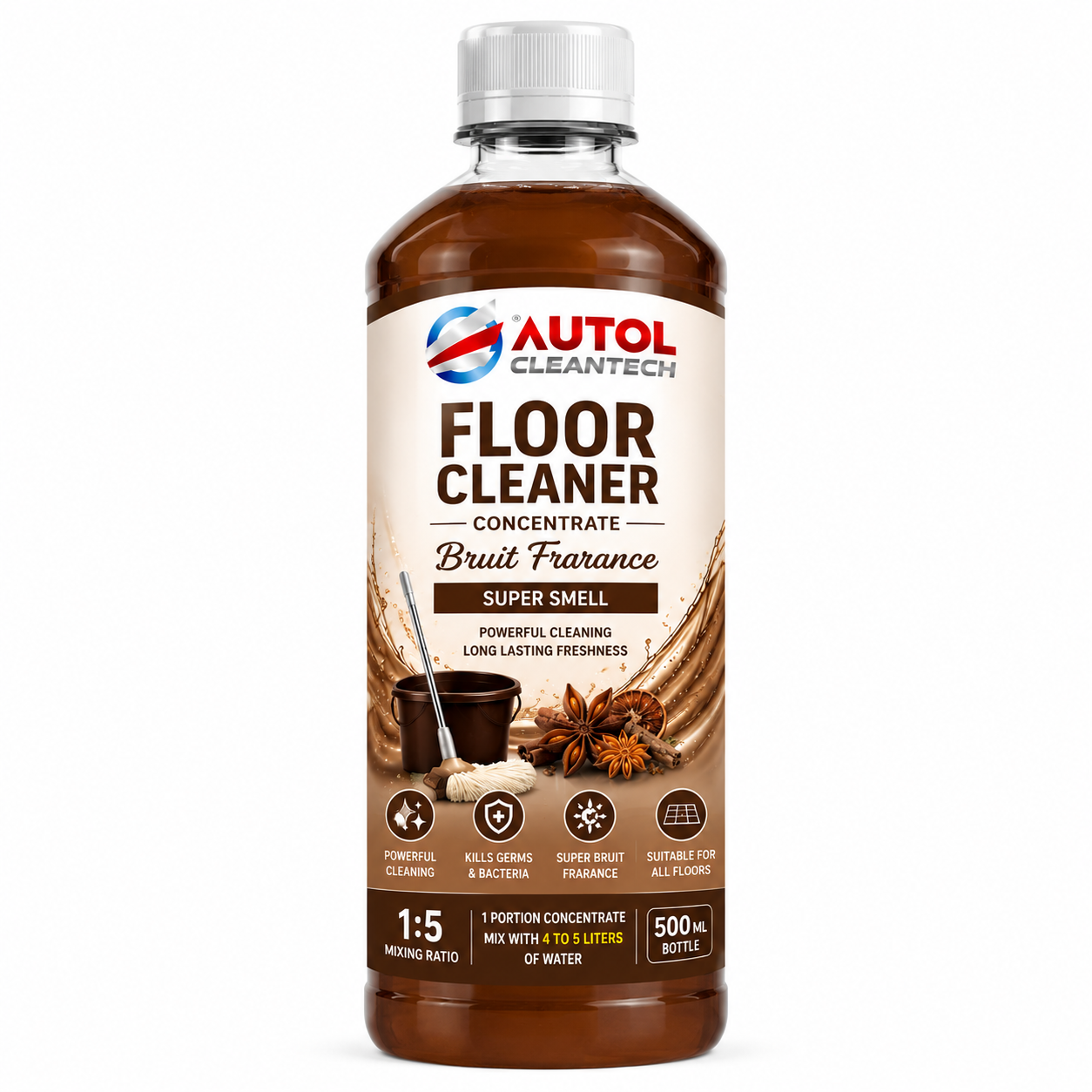 AUTOL Cleantech Floor Cleaner Concentrate 500ml – Brown Fragrance | Super Smell | 1:5 Mixing Ratio