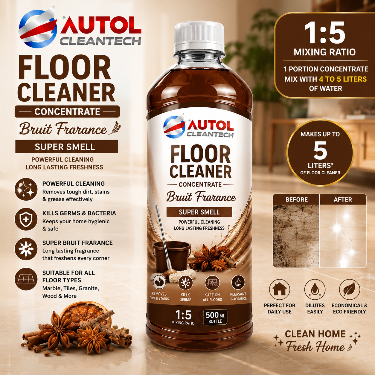 AUTOL Cleantech Floor Cleaner Concentrate 500ml – Brown Fragrance | Super Smell | 1:5 Mixing Ratio