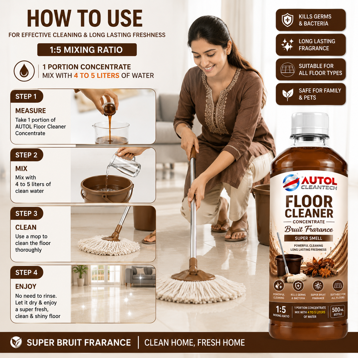 AUTOL Cleantech Floor Cleaner Concentrate 500ml – Brown Fragrance | Super Smell | 1:5 Mixing Ratio