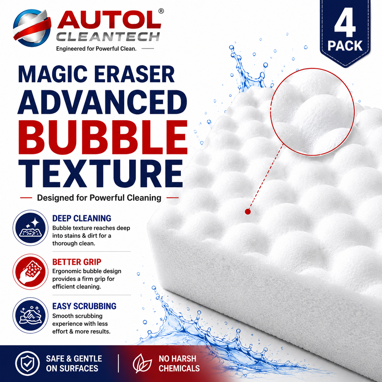 AUTOL Magic Eraser Cleaning Sponge – 4 Pack | Multi-Surface Stain Remover | Just Add Water | Kitchen, Bathroom, Tiles, Glass, Walls & Shoes