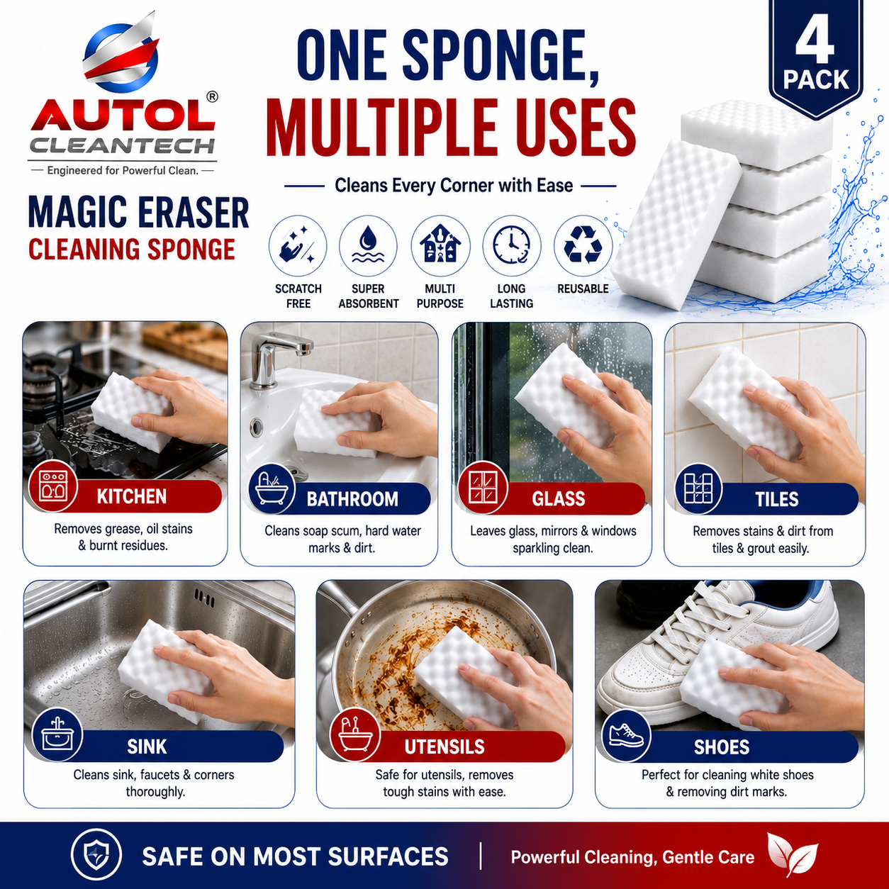 AUTOL Magic Eraser Cleaning Sponge – 4 Pack | Multi-Surface Stain Remover | Just Add Water | Kitchen, Bathroom, Tiles, Glass, Walls & Shoes