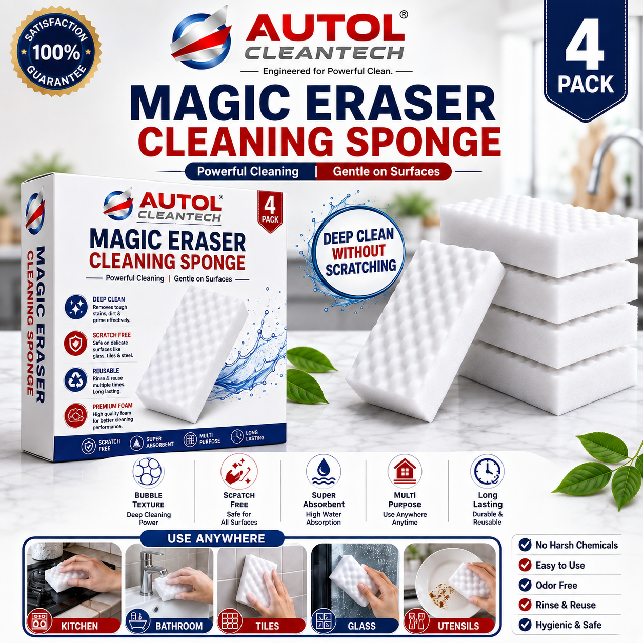 AUTOL Magic Eraser Cleaning Sponge – 4 Pack | Multi-Surface Stain Remover | Just Add Water | Kitchen, Bathroom, Tiles, Glass, Walls & Shoes