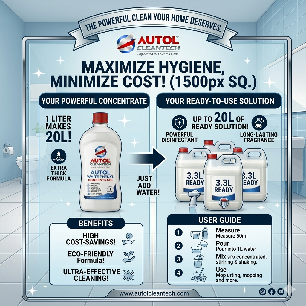 Autol CleanTech Premium White Phenyl Concentrate (1 Liter) – Makes 20 Liters of High-Concentration Disinfectant Floor Cleaner