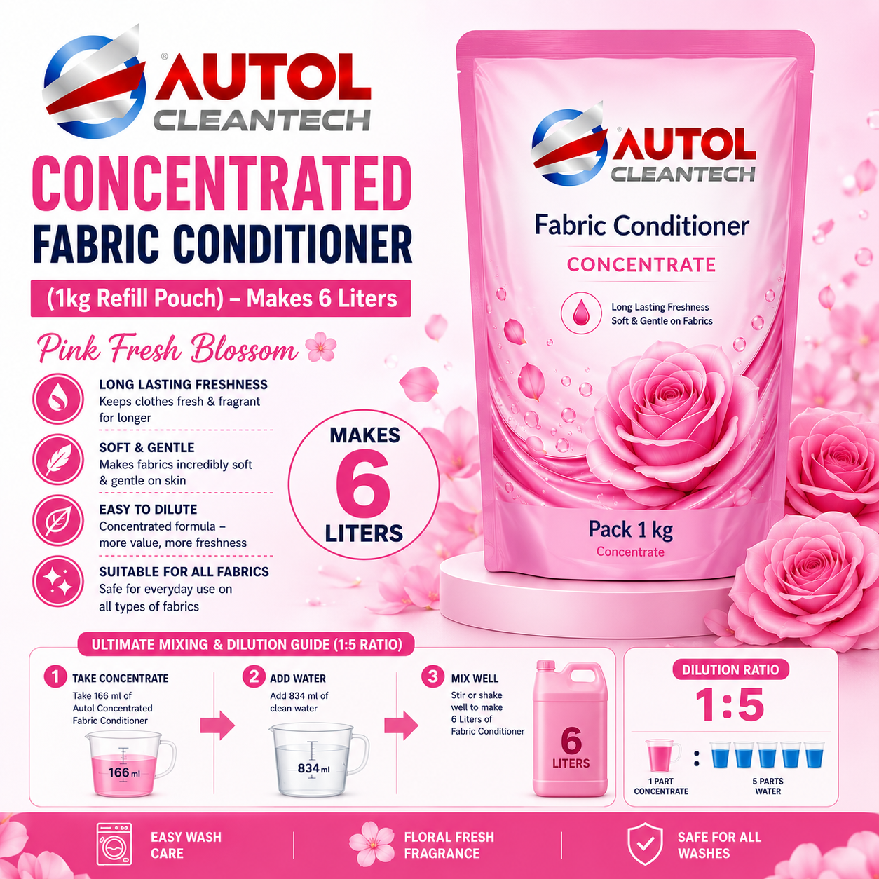 Autol Concentrated Fabric Conditioner 1kg  – Makes 6 Liters | Pink Fresh Blossom