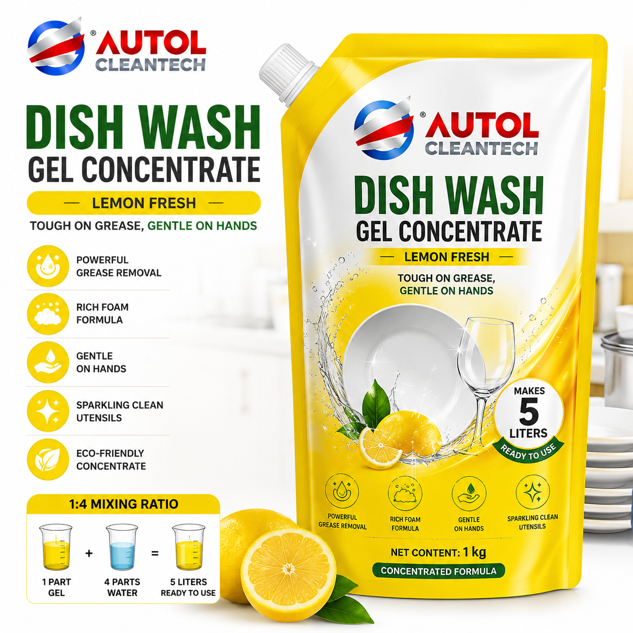 AUTOL Dish Wash Gel Concentrate 1kg Lemon Fresh | Makes 5 Liters | 1:4 Mixing Ratio | Powerful Grease Remover | Concentrated Dishwashing Liquid | Gentle on Hands | Suitable for Utensils, Cookware & Kitchenware
