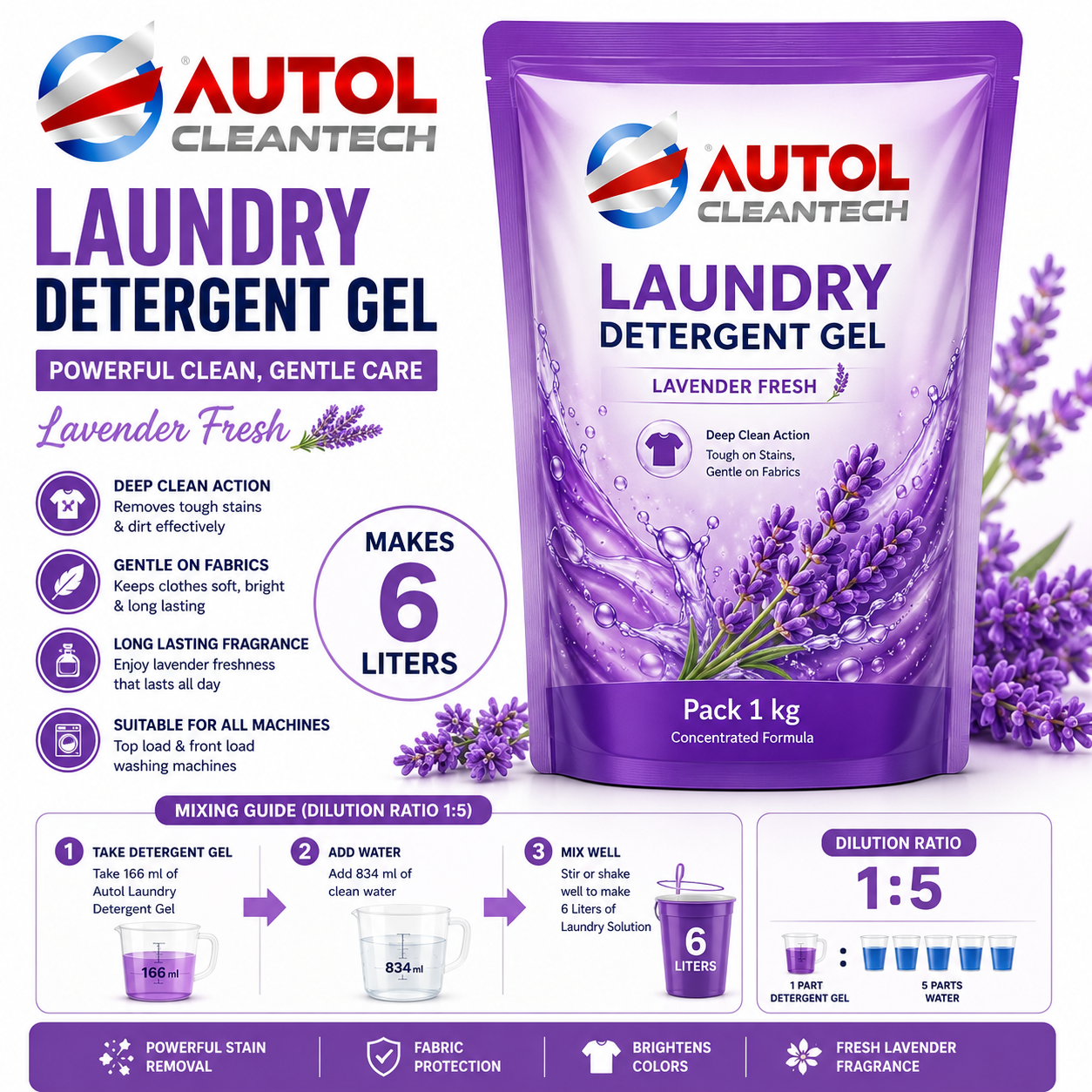 Autol Laundry Detergent Gel Concentrate 1kg Lavender Fresh – Makes 6 Liters | 1:5 Mixing Ratio
