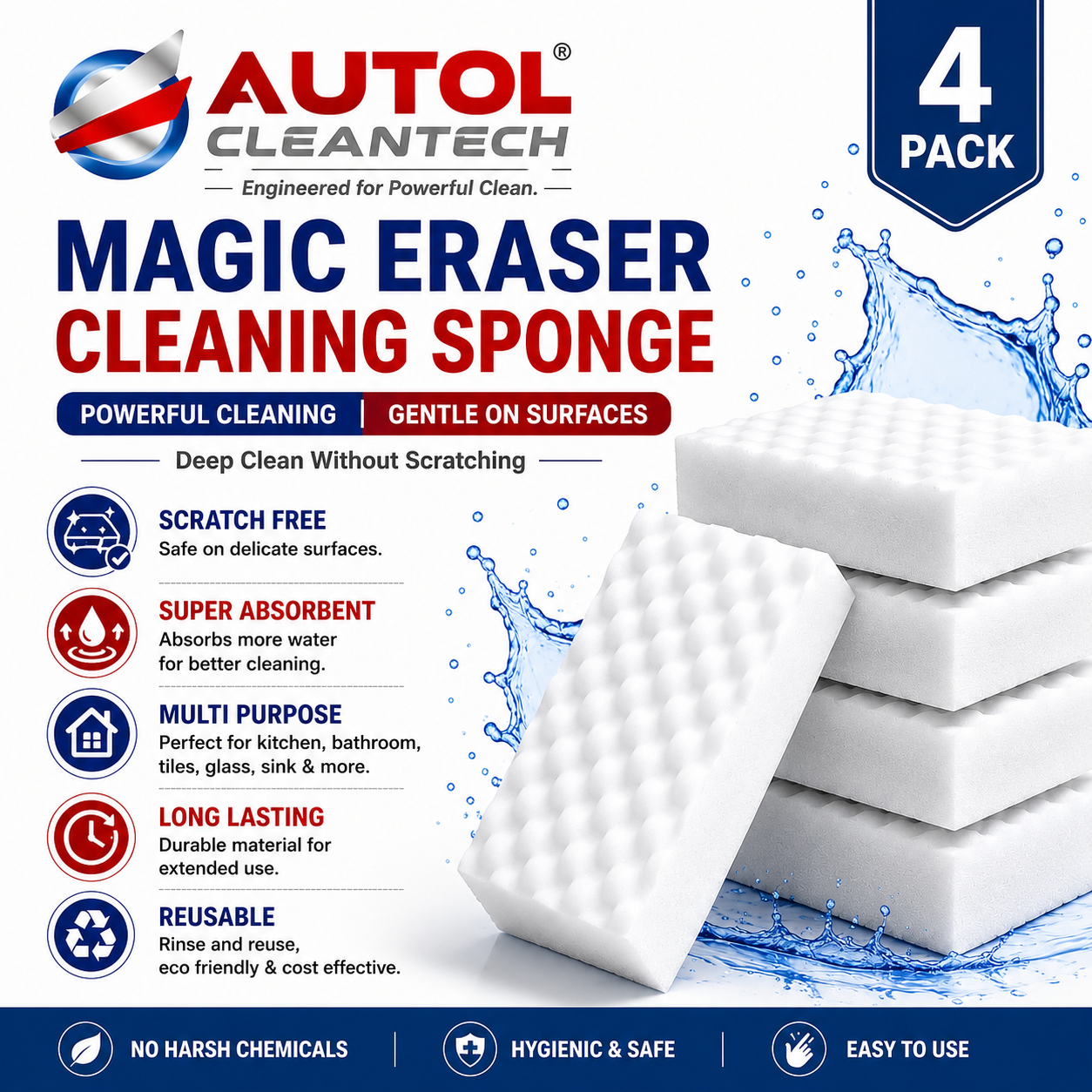 AUTOL Magic Eraser Cleaning Sponge – 4 Pack | Multi-Surface Stain Remover | Just Add Water | Kitchen, Bathroom, Tiles, Glass, Walls & Shoes