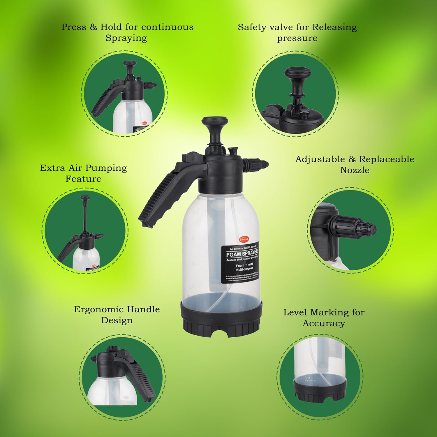 2 Litre – Manual Foam Sprayer – Hand Pressure Pump Spray Bottle with Adjustable Nozzle – High Foaming Feature for Car & Bike Wash, Home & Garden Cleaning – Black– 2L Capacity