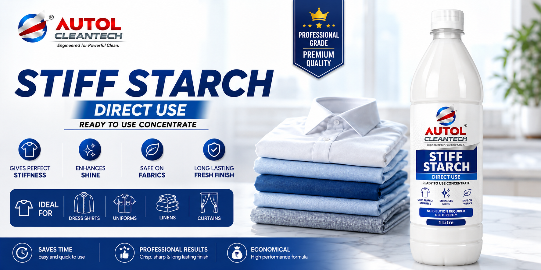 AUTOL CLEANTECH Stiff Starch Liquid – Direct Use | Crisp Professional Finish for Shirts, Uniforms, Cotton & Linens | 1 Litre