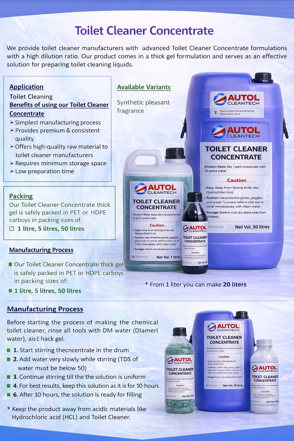 AUTOL Cleantech Toilet Cleaner Concentrate – High Strength Bathroom Cleaner – Removes Tough Stains, Limescale & Odor – Concentrated Toilet Cleaning Solution for Home & Commercial Use