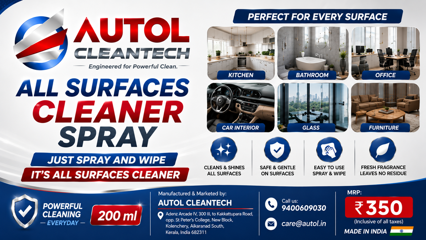 AUTOL All Surfaces Cleaner Spray 200ml | Multi-Purpose Cleaning Spray | Just Spray & Wipe