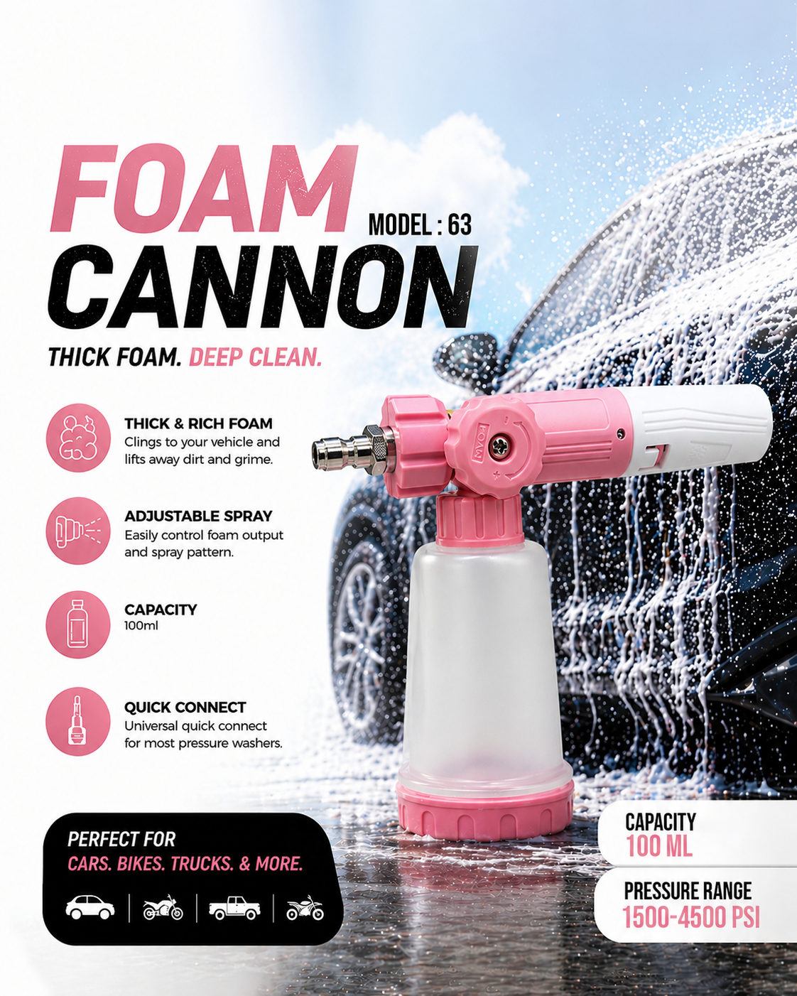 Mini Foam Cannon for Pressure Washer – Thick Snow Foam Sprayer Gun, Adjustable Foam Nozzle, Quick Connect Car Wash Foam Blaster, 100ml Bottle